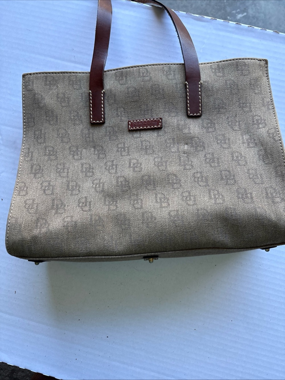 Dooney & Bourke Taupe Logo Canvas Tote with Brown Leather Handles